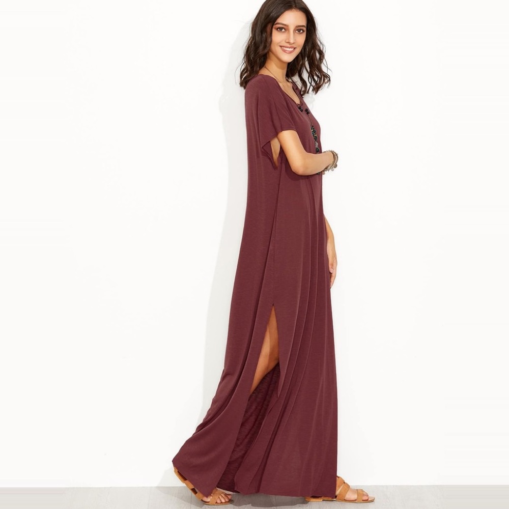 Loose Side Slits Burnout Knit Maxi Dress Burgundy - Picture 7 of 7